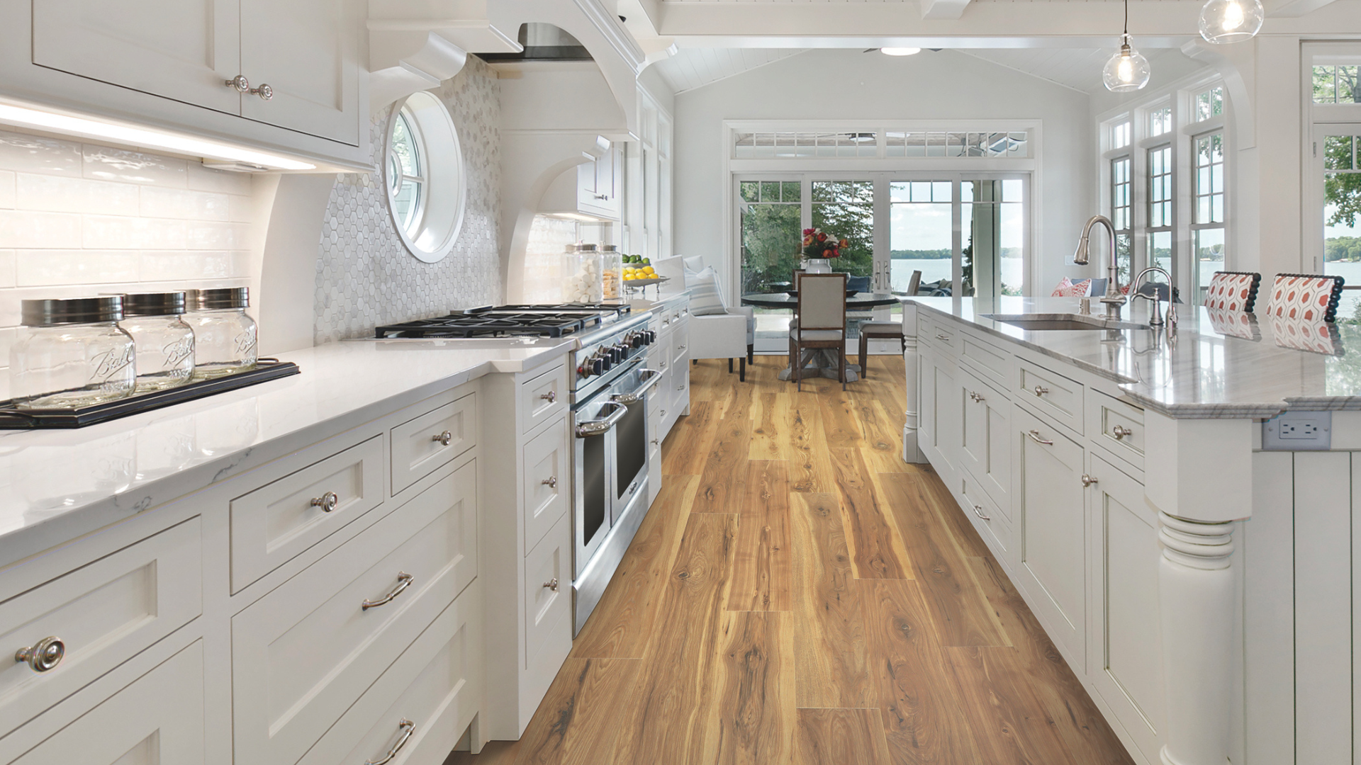 Wood-look laminate in a kitchen with white cabinetry
